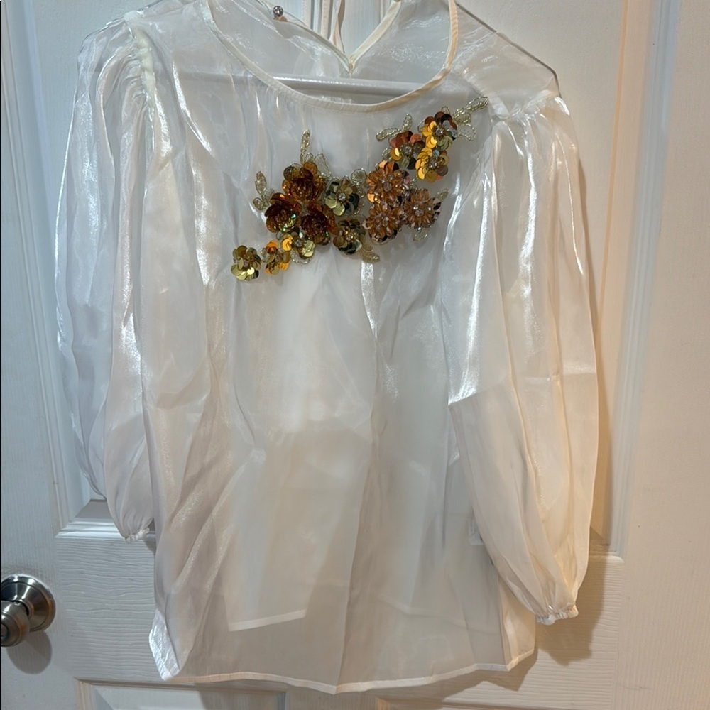 Sheer White Blouse with Floral Embellishments Cami included